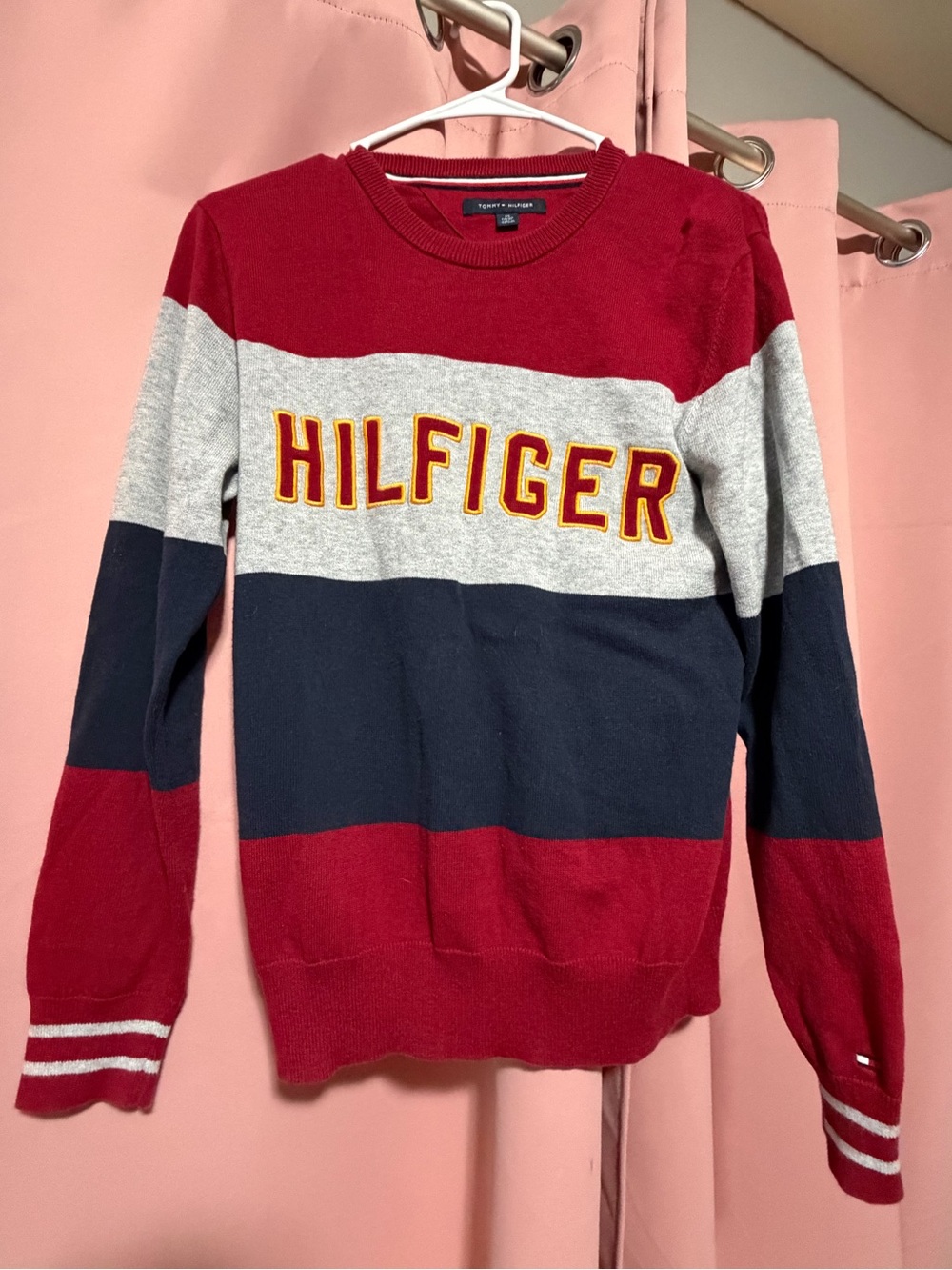 Tommy Hilfiger Red Gray Navy Striped Crewneck Sweater with Logo